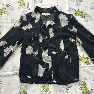 Monteau black & white floral blouse with tie neck